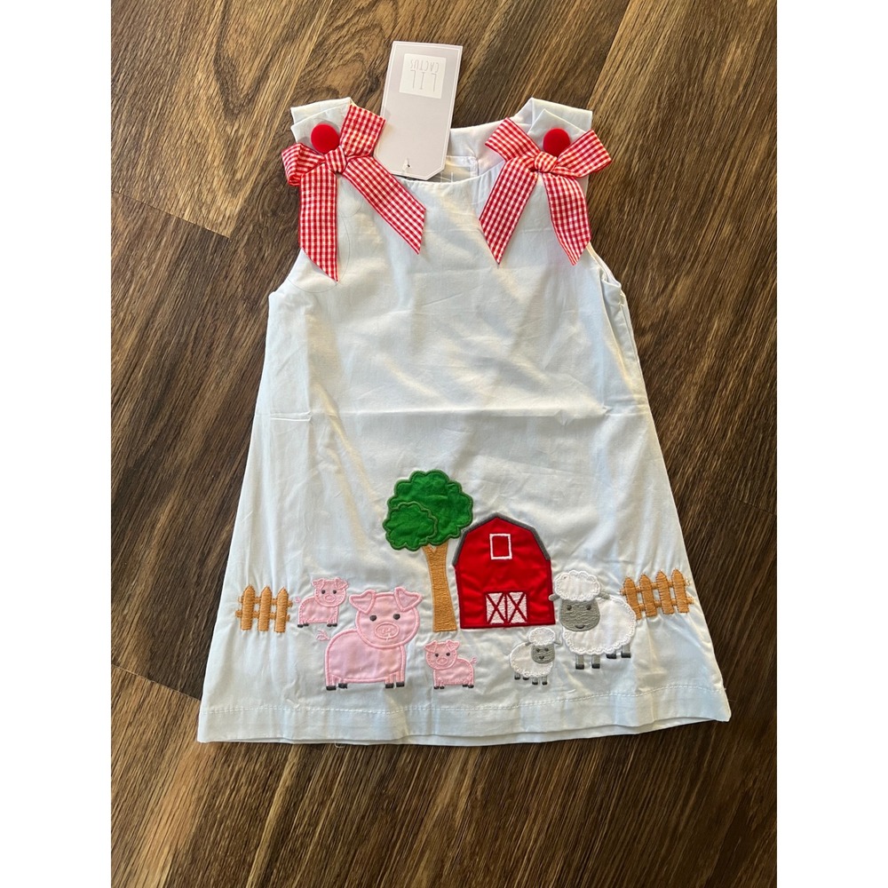 Lil Cactus Farm Applique Dress Gingham Bows‎ Sleeveless Barnyard Light Blue 3/6m
